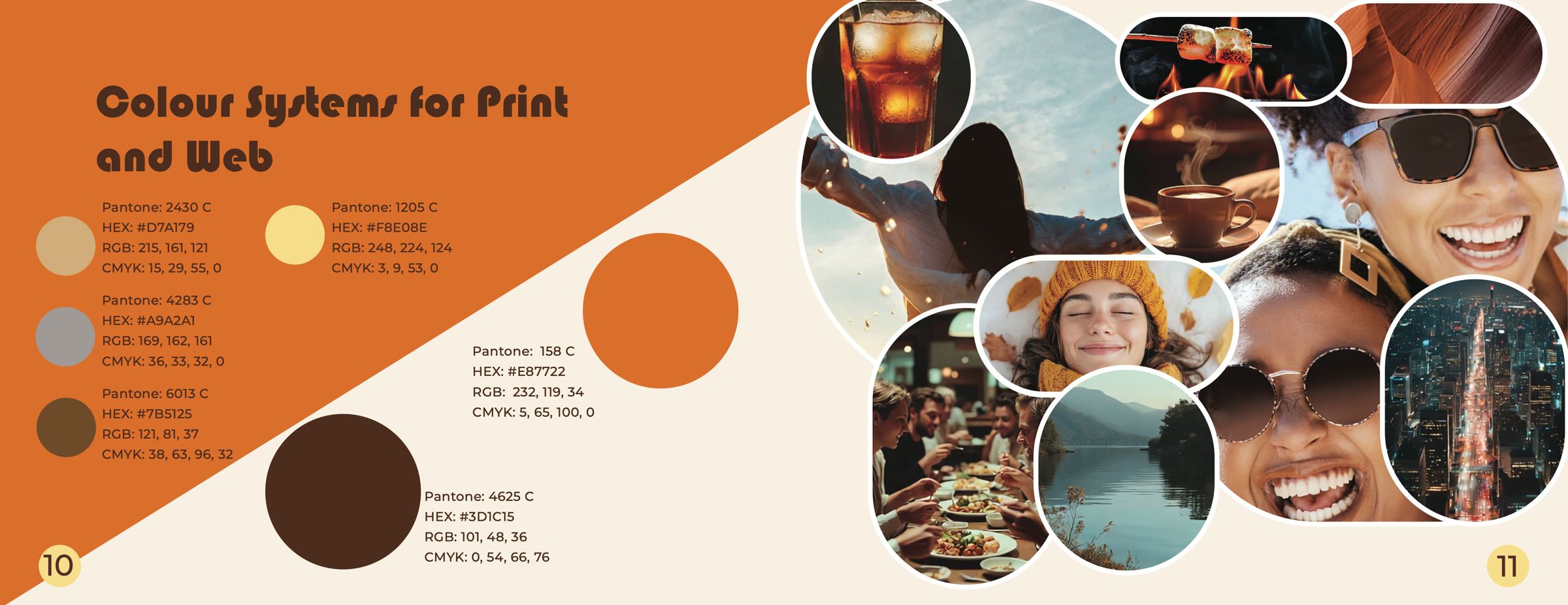 Spread with the colour palette and its Pantone, hex, RGB and CMYK values, beside a collage of brand photography.