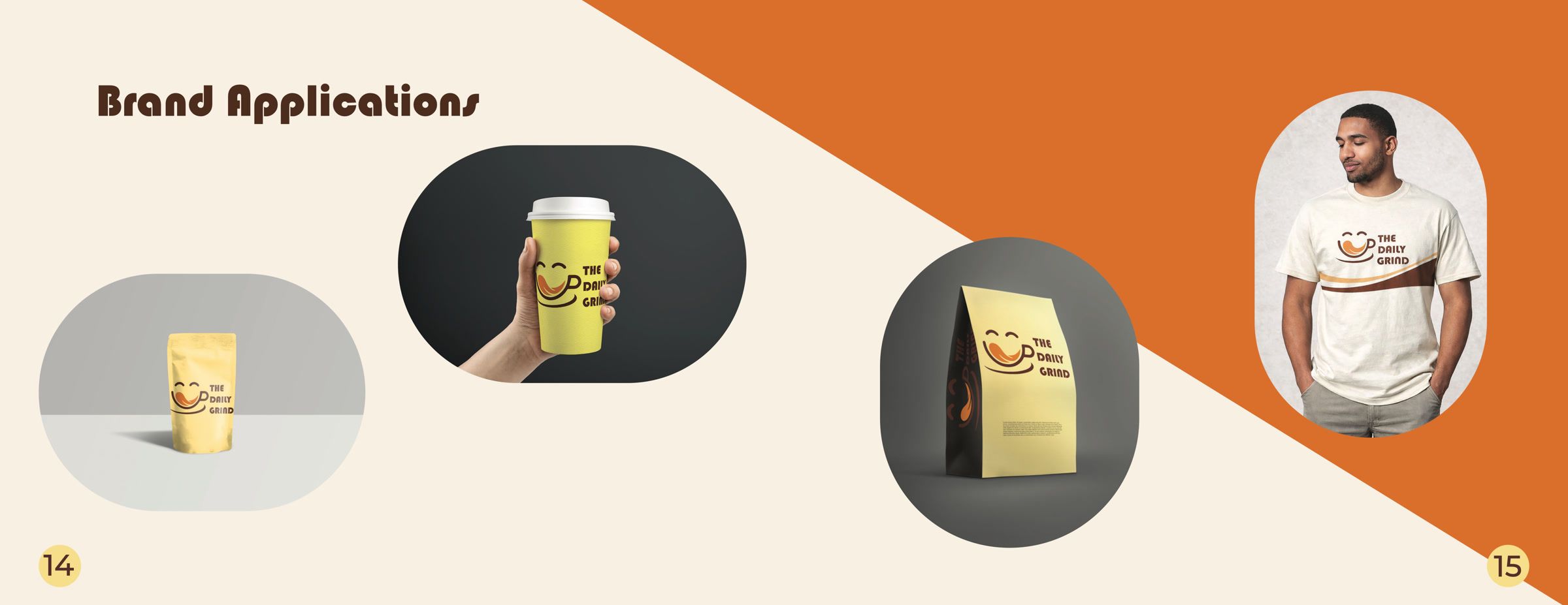 Brand applications spread: a coffee pouch, a takeaway cup, a coffee bag and a branded T-shirt.