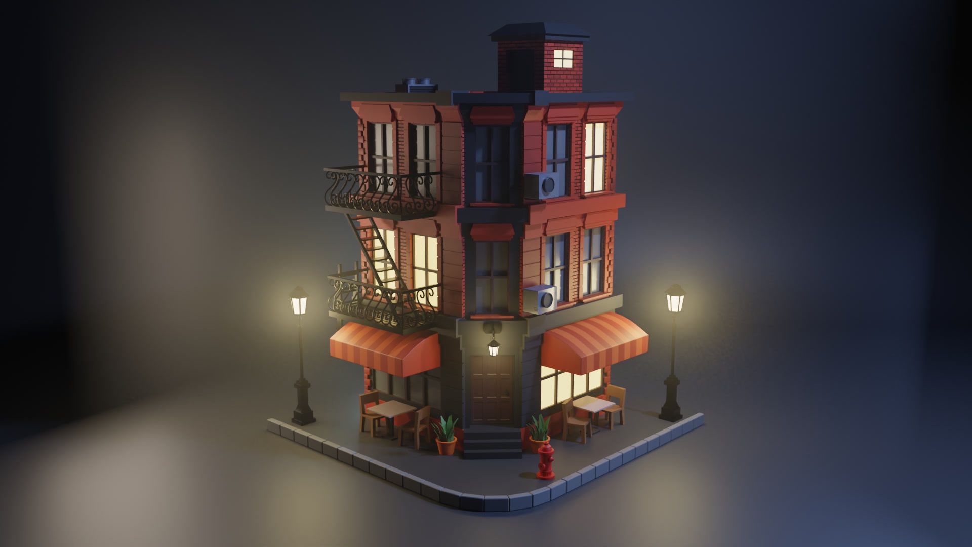 Night render of the corner building: warm window light, street lamps, a fire escape and café tables under a red awning.