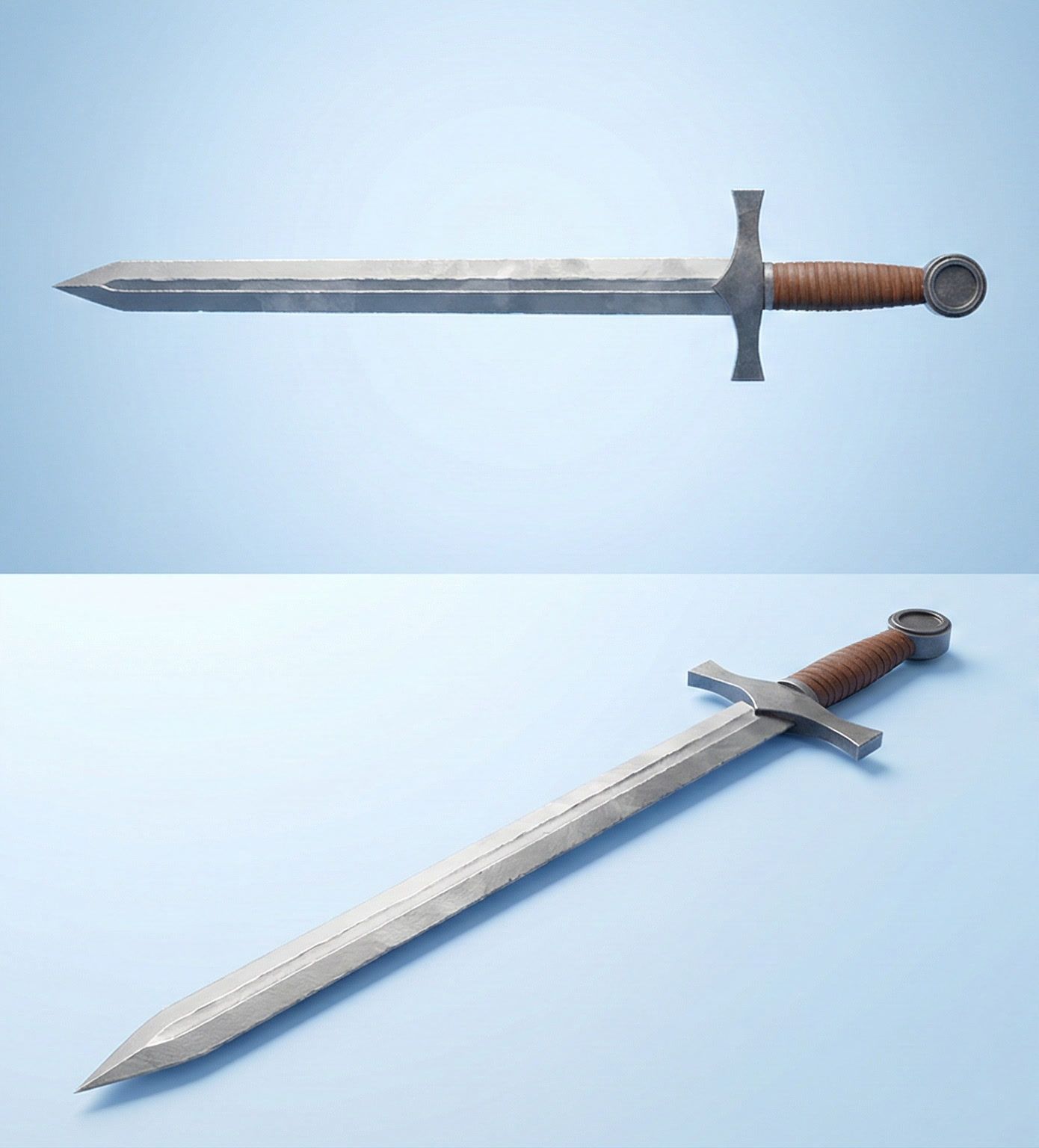 Two renders of the longsword on a pale blue backdrop: a side view and an angled view.