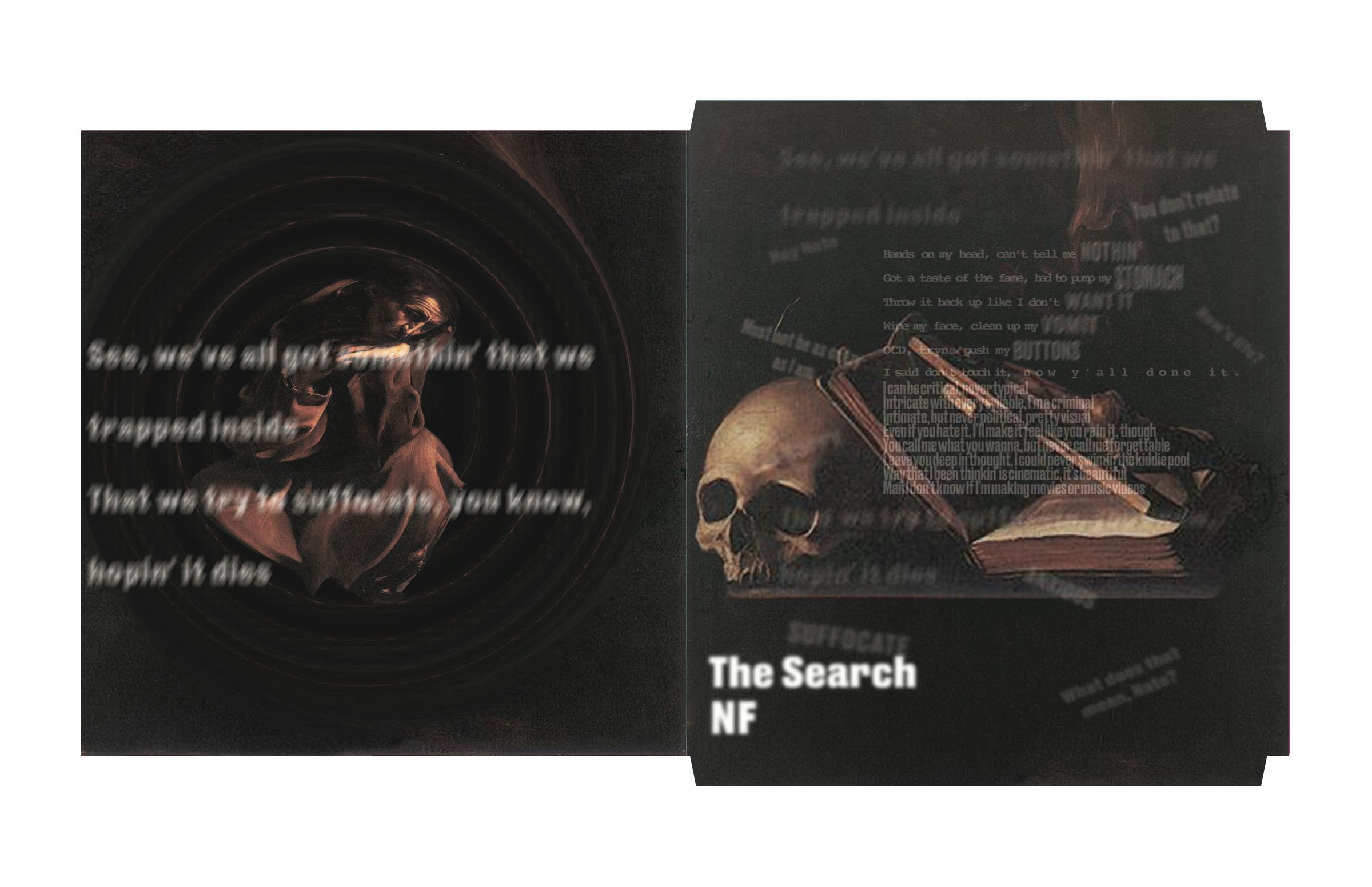 Vinyl cover mock-up: the record sleeve with lyrics and a skull, and the title on the spine side.